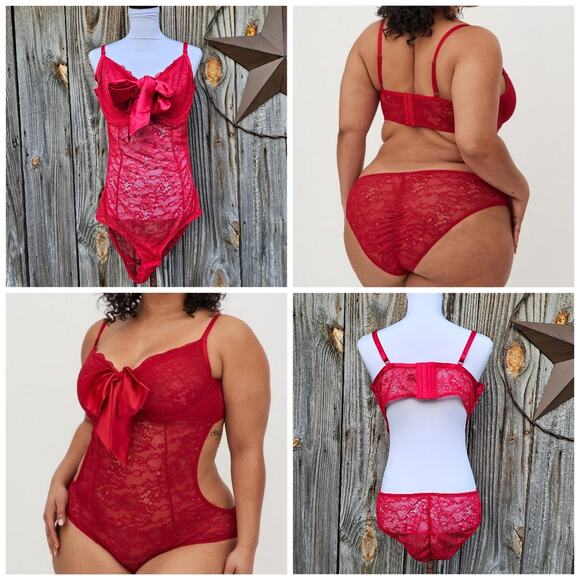 Red Lace Bodysuit Torrid Curve Plus Size 2x Stretch Underwire Negligee Sexy Bow - Picture 6 of 10